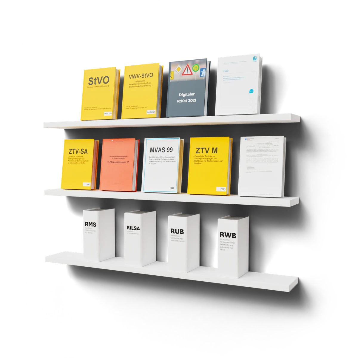 Regal mit den Regelwerken StVO, VwV-StVO, RSA 21, ZTV-SA, MVAS 99, ZTV M, RMS, RiLSA, RUB und RWB
