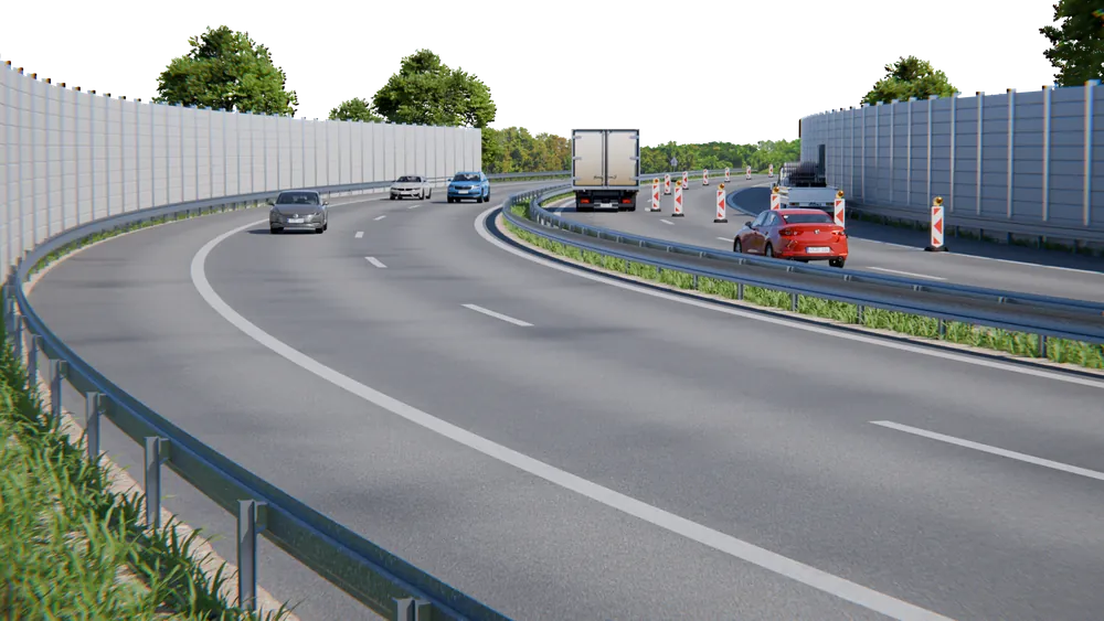 Abgesicherte Arbeitsstelle auf der Autobahn mit Leitbaken und verengter Fahrspur: Die 2-Tages-Schulung behandelt zusätzlich Arbeitsstellen an Autobahnen nach RSA 21